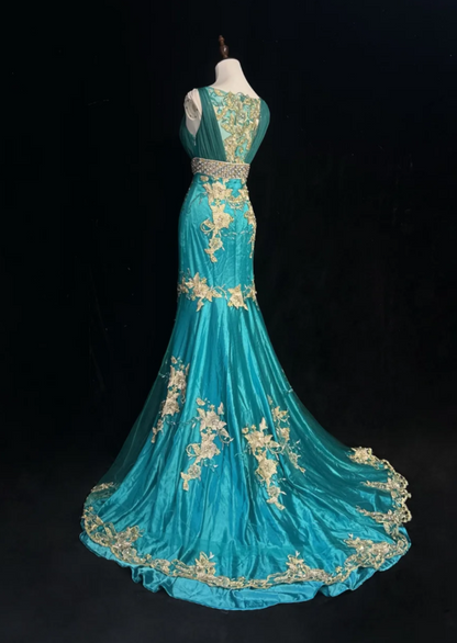 V Neck Mermaid Long Prom Dresses Satin Applique Blue Evening Dresses HZ1024