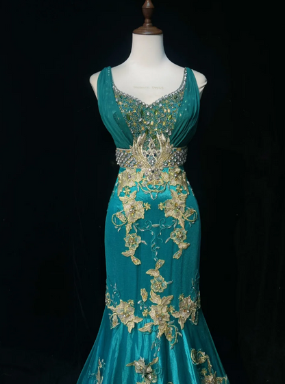 V Neck Mermaid Long Prom Dresses Satin Applique Blue Evening Dresses HZ1024