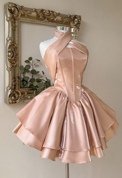 Halter Ball Gown Peach Homecoming Dresses Sleeveless Birthday Dresses Satin Party Dresses HZ1024