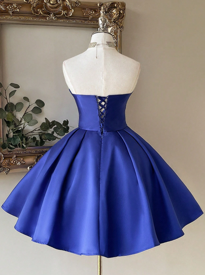 Sweetheart Neck A-Line Birthday Dresses Royal Blue Homecoming Dresses Satin Sleeveless Party Dresses HZ1024