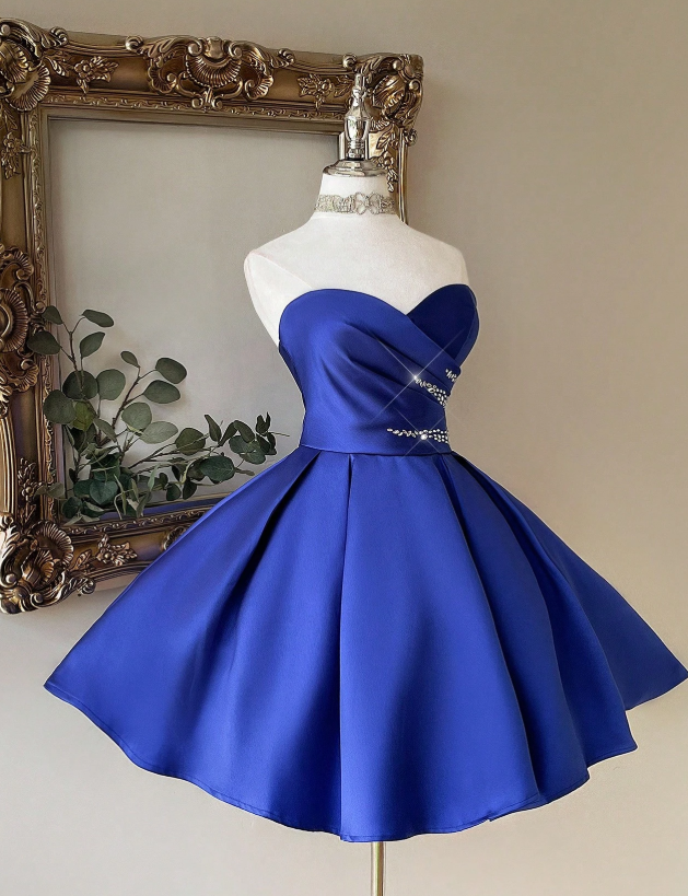 Sweetheart Neck A-Line Birthday Dresses Royal Blue Homecoming Dresses Satin Sleeveless Party Dresses HZ1024