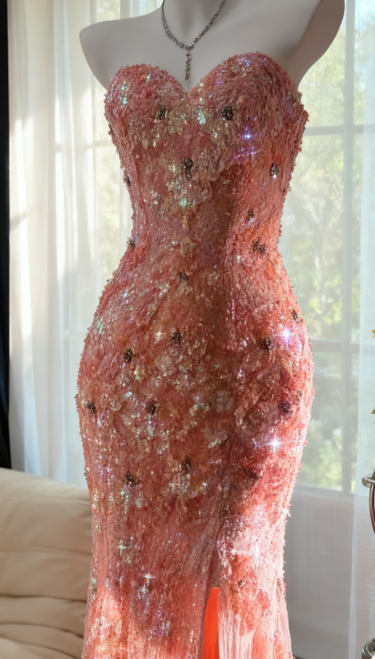 Mermaid Coral Formal Dresses Tulle Sequin Sweetheart Neck Long Prom Dresses Coral Evening Dresses HZ1024