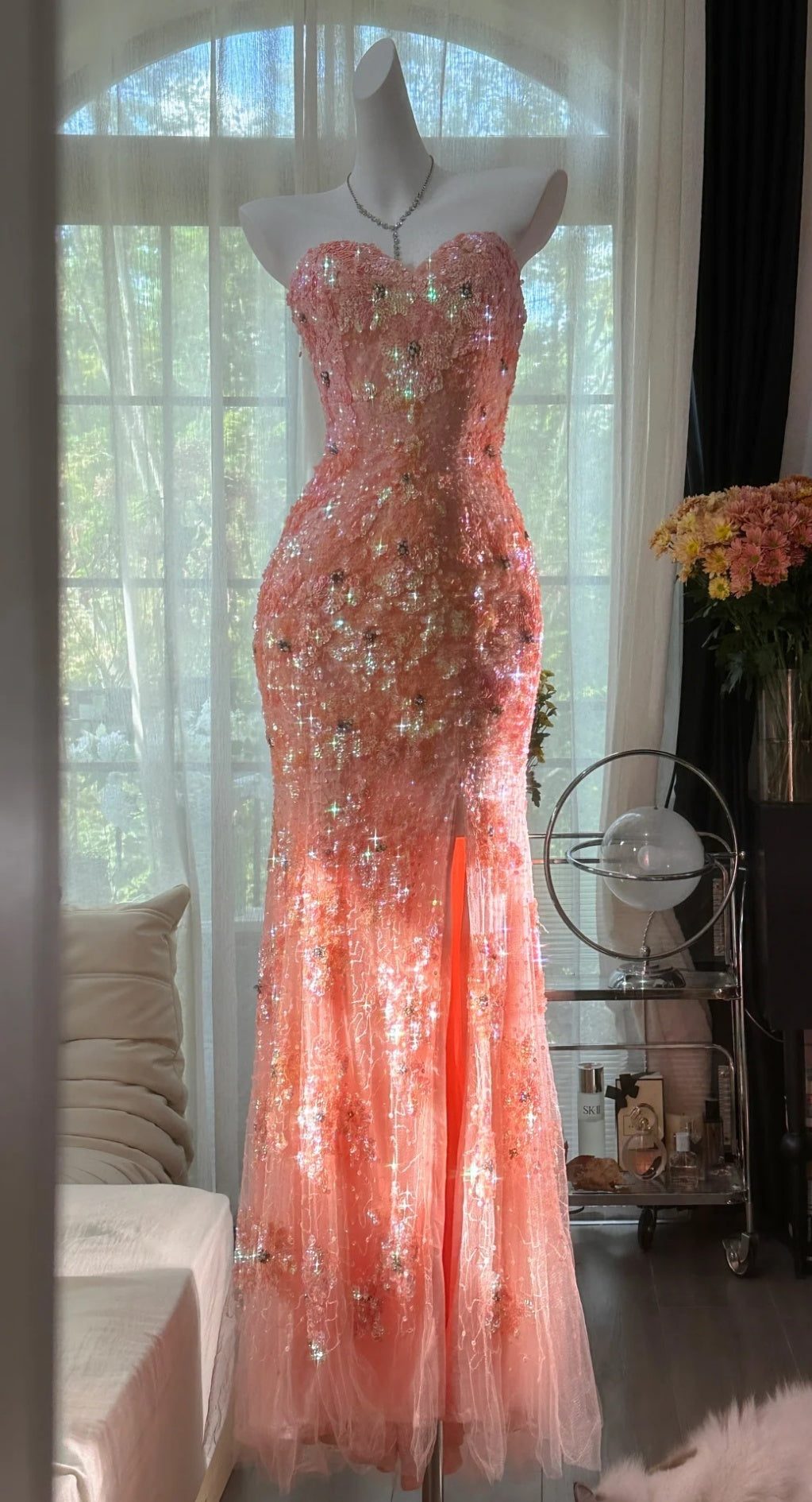 Mermaid Coral Formal Dresses Tulle Sequin Sweetheart Neck Long Prom Dresses Coral Evening Dresses HZ1024