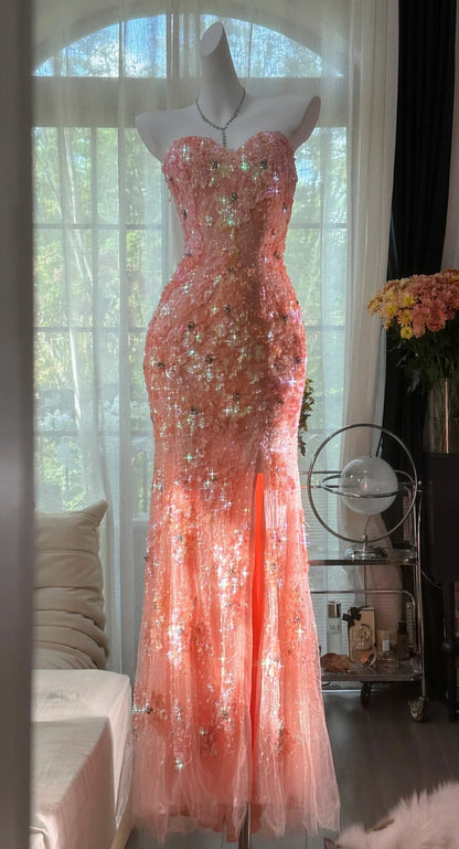 Mermaid Coral Formal Dresses Tulle Sequin Sweetheart Neck Long Prom Dresses Coral Evening Dresses HZ1024