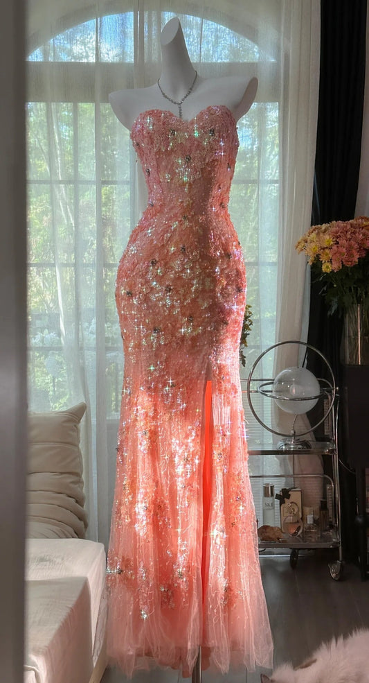 Gorgeous Mermaid Coral Formal Dresses Tulle Sequin Sweetheart Neck Long Prom Dresses Coral Evening Dresses ED04587