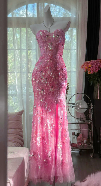 Gorgeous Mermaid Coral Formal Dresses Tulle Sequin Sweetheart Neck Long Prom Dresses Coral Evening Dresses ED04587
