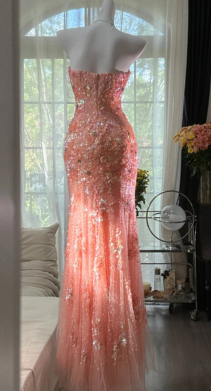 Mermaid Coral Formal Dresses Tulle Sequin Sweetheart Neck Long Prom Dresses Coral Evening Dresses HZ1024