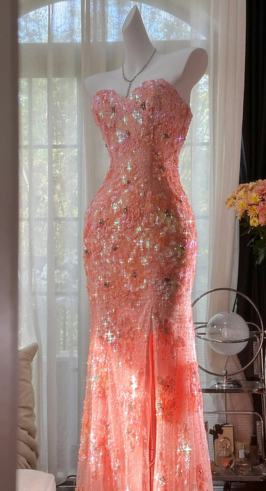 Gorgeous Mermaid Coral Formal Dresses Tulle Sequin Sweetheart Neck Long Prom Dresses Coral Evening Dresses ED04587