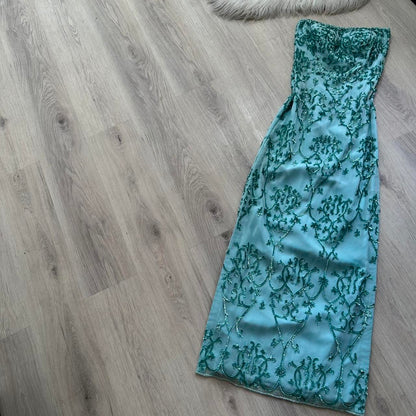 Vintage Strapless Sheath Long Prom Dresses , Chiffon Sequins Blue Formal Dresses ED04595