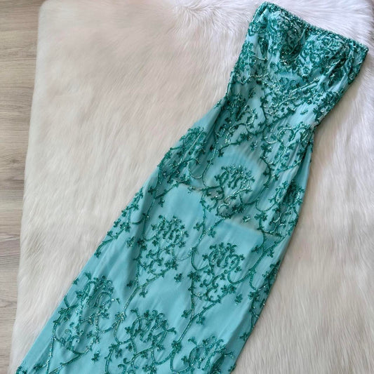 Vintage Strapless Sheath Long Prom Dresses , Chiffon Sequins Blue Formal Dresses ED04595