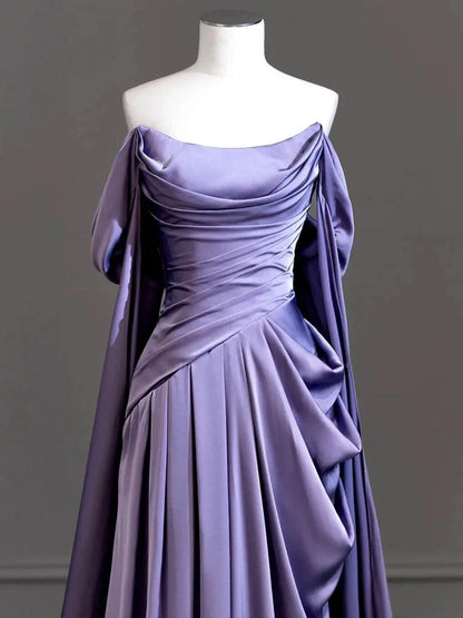 Royal Purple A-Line Off Shoulder Satin Long Prom Dress Formal Evening Dress ED046