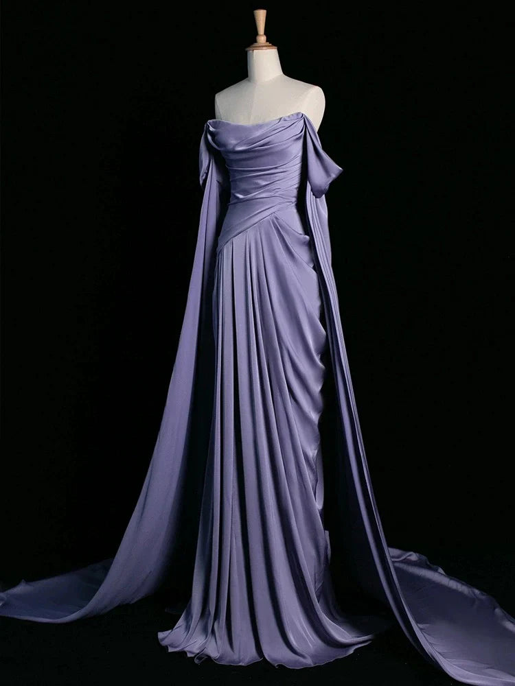 Royal Purple A-Line Off Shoulder Satin Long Prom Dress Formal Evening Dress ED046
