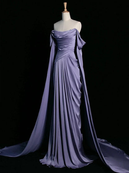 Royal Purple A-Line Off Shoulder Satin Long Prom Dress Formal Evening Dress ED046