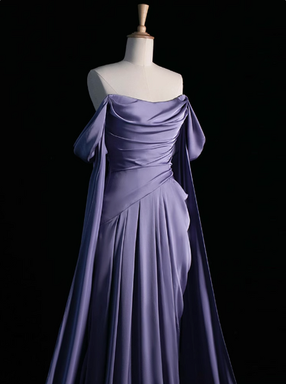 Royal Purple A-Line Off Shoulder Satin Long Prom Dress Formal Evening Dress ED046