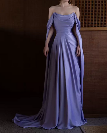Royal Purple A-Line Off Shoulder Satin Long Prom Dress Formal Evening Dress ED046