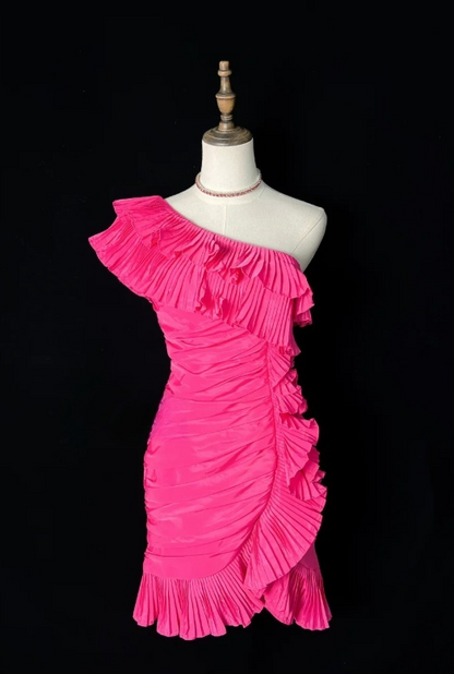 One Shoulder Tight Homecoming Dresses Pink Short Prom Dresses, Pleated Taffeta Birthday Dresses HZ1024