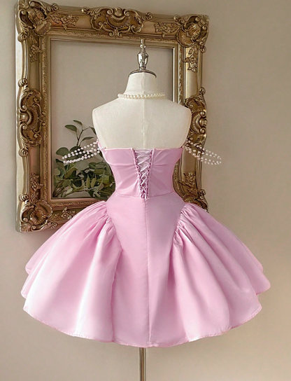 Strapless A-Line Homecoming Dresses Satin Short Prom Dresses Pink Birthday Dresses HZ1024