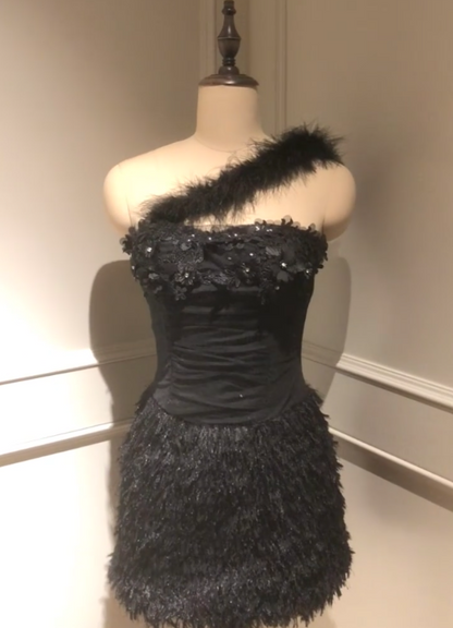 One Shoulder Sheath Homecoming Dresses Tulle Applique Short Prom Dresses Black Birthday Dresses HZ1024