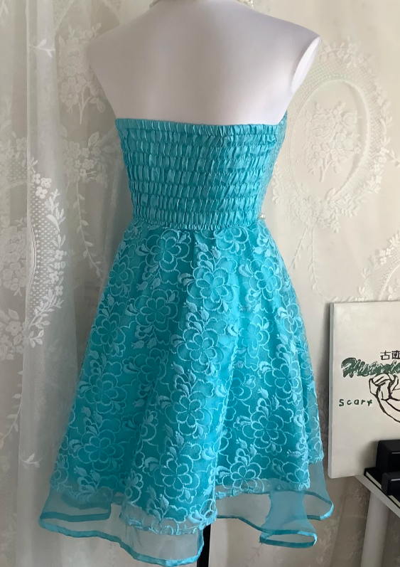 Strapless A-Line Short Prom Dresses Lace Blue Homecoming Dresses Birthday Dresses HZ1024