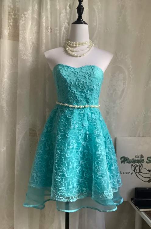 Strapless A-Line Short Prom Dresses Lace Blue Homecoming Dresses Birthday Dresses HZ1024