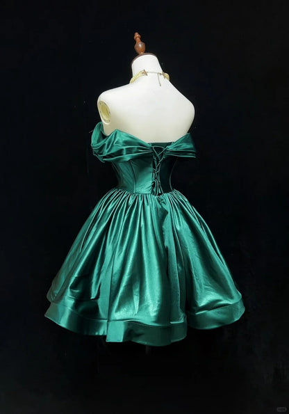 Sweet Off-the-shoulder A-Line Short Prom Dresses Satin Green Homecoming Dresses ED04631