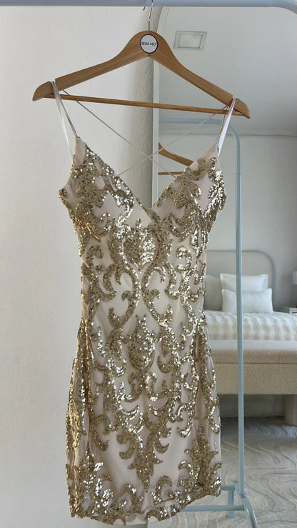 Spaghetti Strap Sheath Short Prom Dresses Sequined Backless Birthday Dresses Gold Sleeveless Homecoming Dresses HZ1024