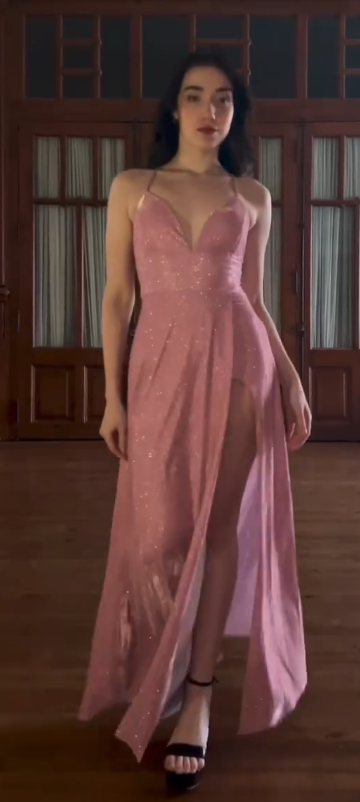 Glittery Spaghetti Strap A-Line  Long Prom Dresses with Slits  Open Back Dusty Pink Formal Dresses  ED04646