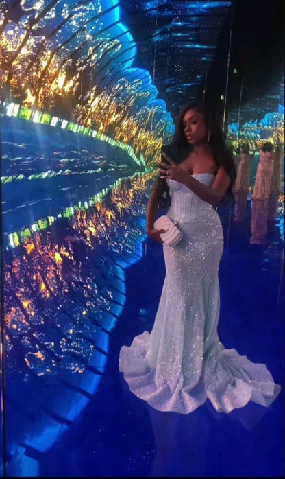 Strapless Mermaid Long Prom Dresses Tulle Light Blue Evening Gowns HZ1024