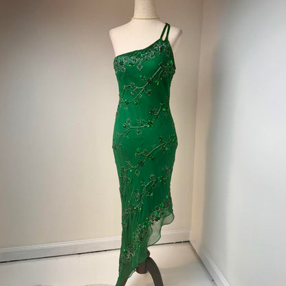 Vintage One Shoulder Sheath Formal Dresses Chiffon Beaded Green Prom Dresses Elegant Evening Gowns ED04653