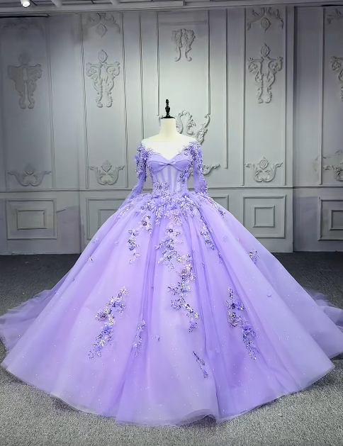 Ball Gown Jewel Tulle Long Prom Dresses Applique Beading Purple Quinceanera Dresses Sweet 16 Dresses HZ1024