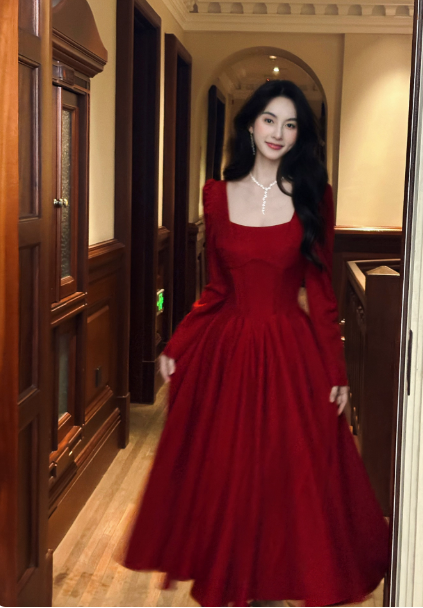 French A-Line Formal Dresses Burgundy Birthday Dresses Long Sleeves Guest Dresses ED04667