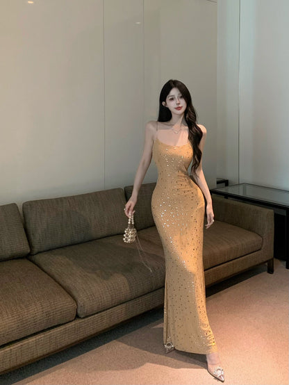 diamond sequin sexy suspender-covering long skirt HZ1024