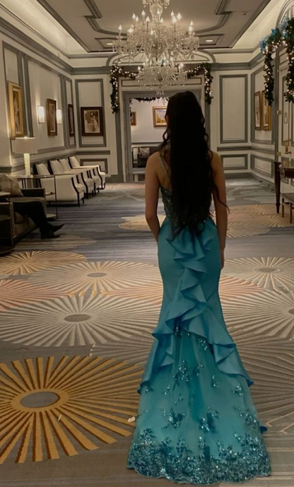 Elegant Strapless Mermaid Long Prom Dresses Satin Blue Evening Gowns ED04686