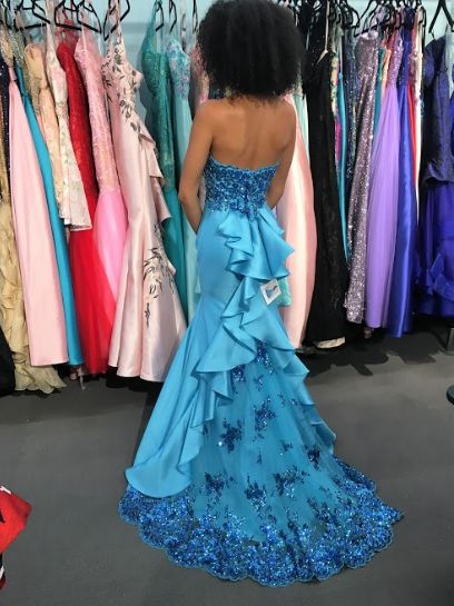 Elegant Strapless Mermaid Long Prom Dresses Satin Blue Evening Gowns ED04686
