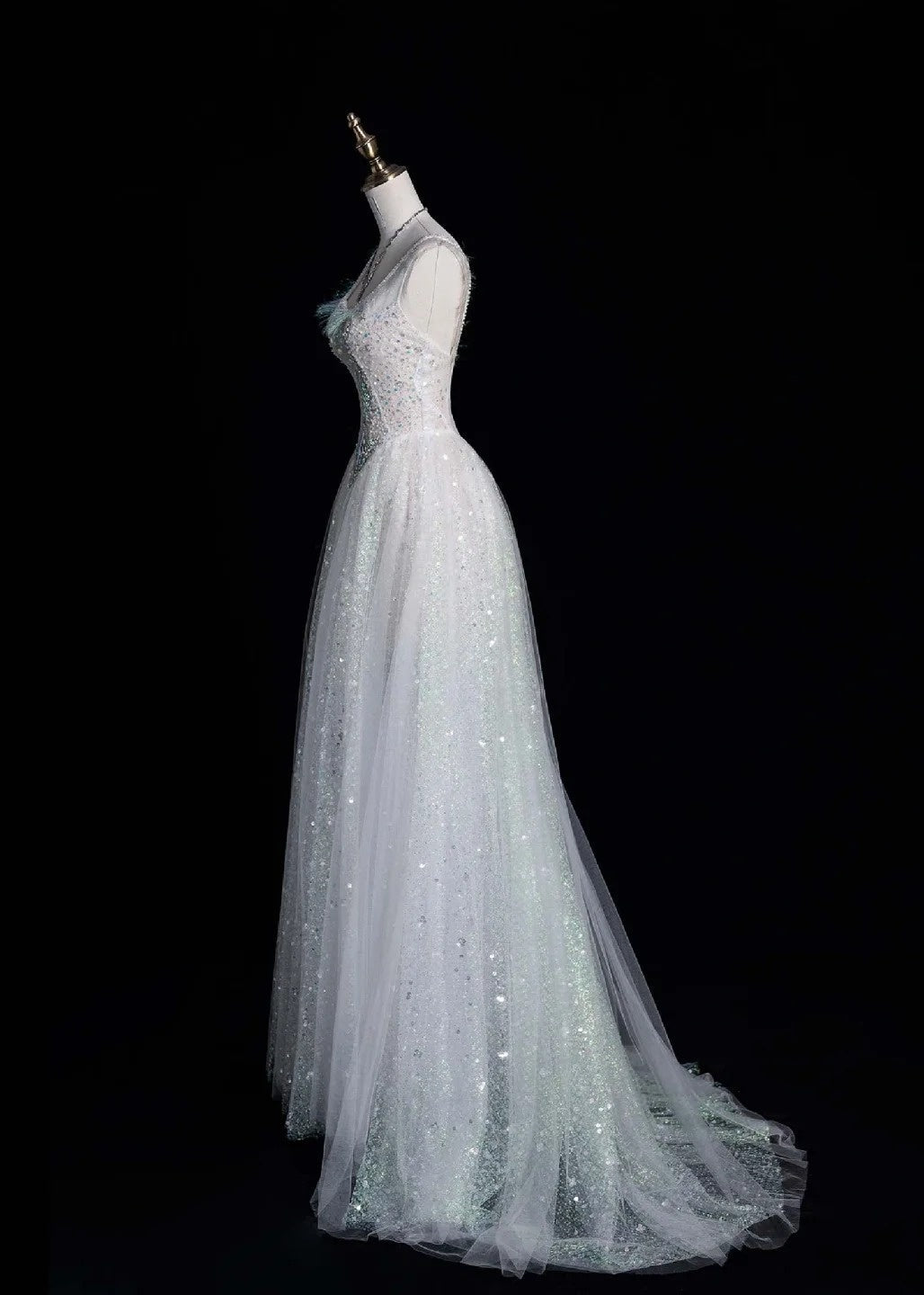 V-neck A-Line Long Prom Dresses Tulle Sequins White Birthday Dresses Sweet 16 Dress HZ1024