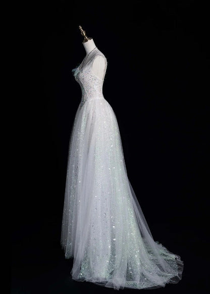 V-neck A-Line Long Prom Dresses Tulle Sequins White Birthday Dresses Sweet 16 Dress HZ1024
