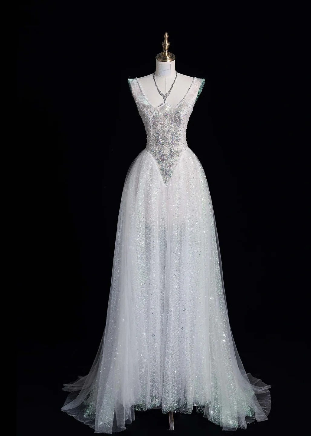 V-neck A-Line Long Prom Dresses Tulle Sequins White Birthday Dresses Sweet 16 Dress HZ1024