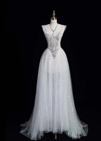 V-neck A-Line Long Prom Dresses Tulle Sequins White Birthday Dresses Sweet 16 Dress HZ1024