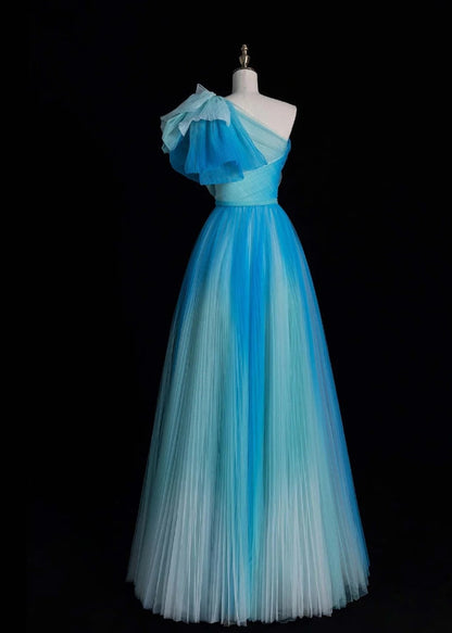 One Shoulder A-Line Long Prom Dresses Tulle Blue Formal Dresses Sweet 16 Dress HZ1024