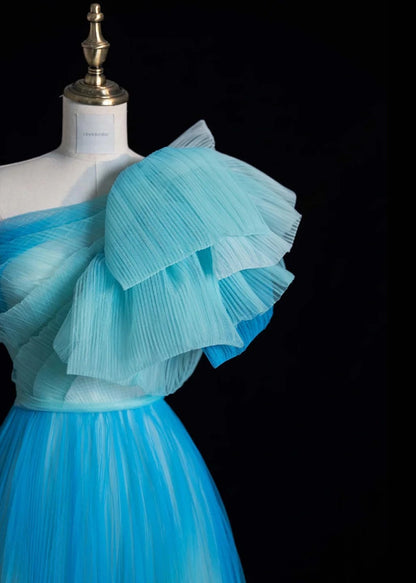 One Shoulder A-Line Long Prom Dresses Tulle Blue Formal Dresses Sweet 16 Dress HZ1024