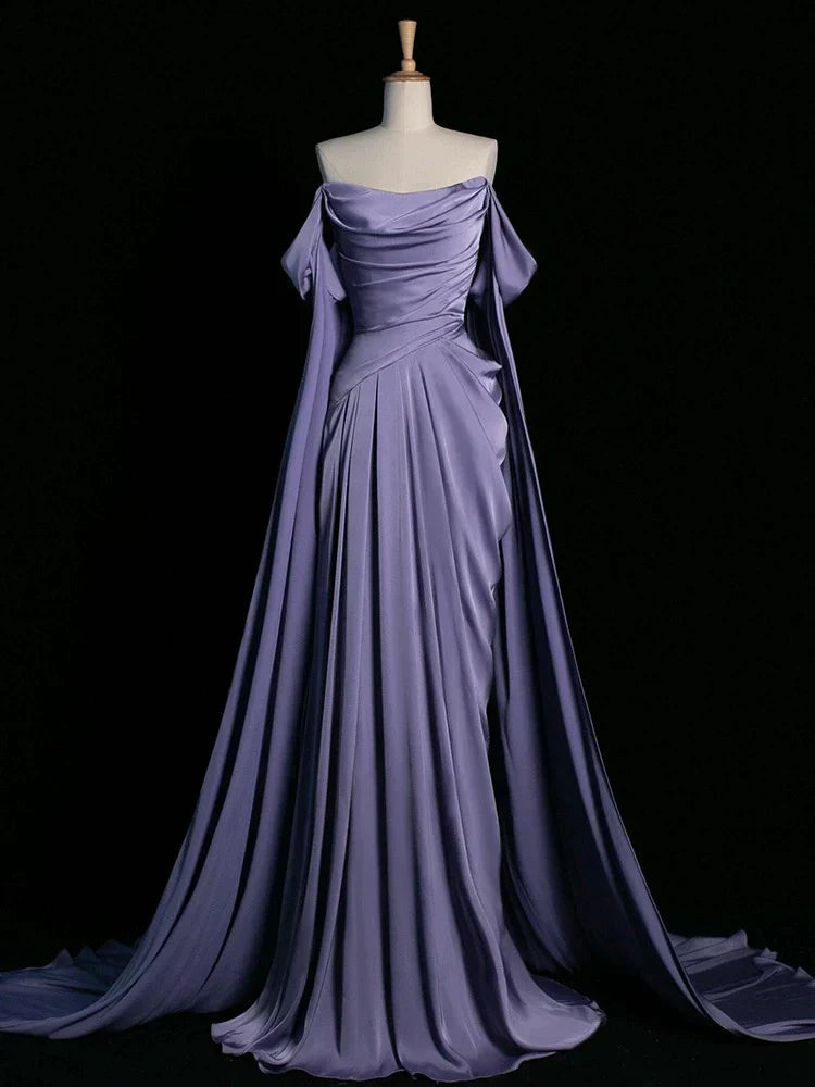 Purple A-Line Off Shoulder Satin Long Prom Dress Formal Evening Dress HZ1024