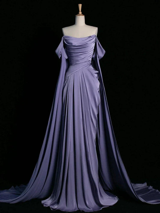 Purple A-Line Off Shoulder Satin Long Prom Dress Formal Evening Dress HZ1024
