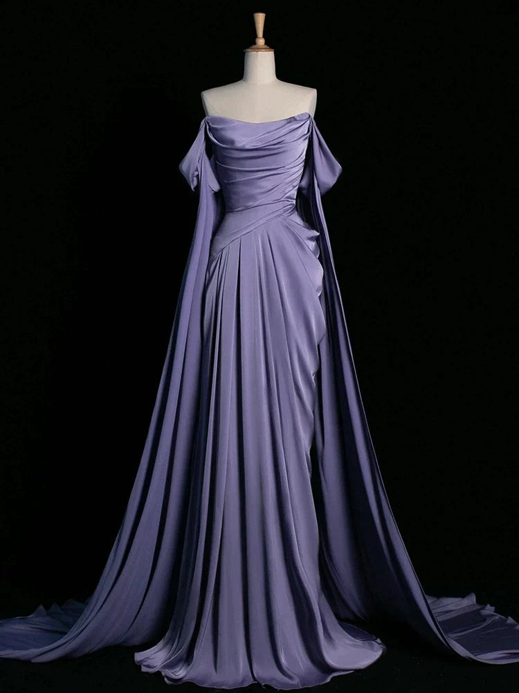Royal Purple A-Line Off Shoulder Satin Long Prom Dress Formal Evening Dress ED046
