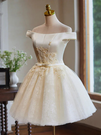 Off Shoulder Satin Lace Short Prom Dress, Champagne Homecoming Dress HZ1024