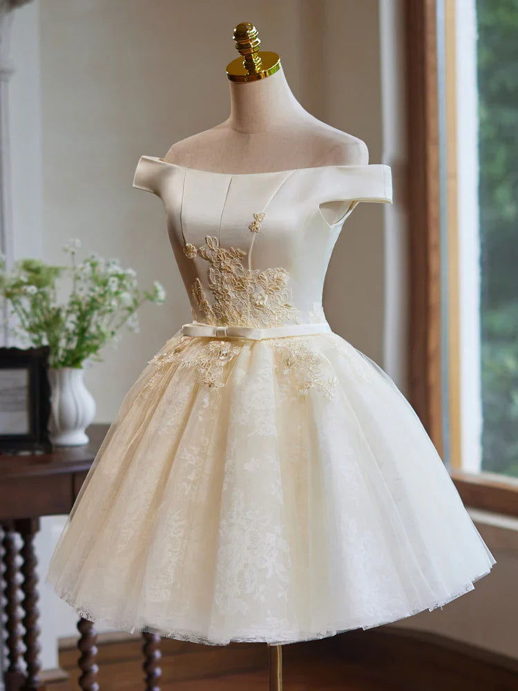 A-Line Off Shoulder Satin Lace Short Prom Dress, Champagne Homecoming Dress ED047