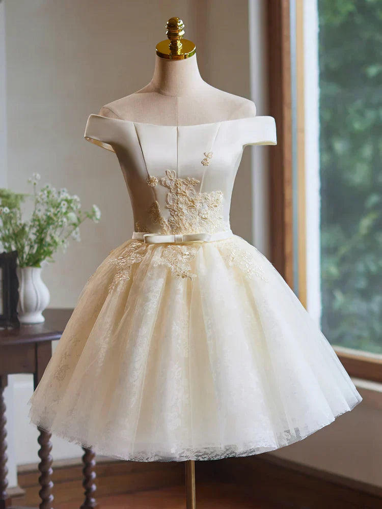 Off Shoulder Satin Lace Short Prom Dress, Champagne Homecoming Dress HZ1024