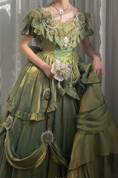 V-neck A-Line Short Prom Dresses Lace Satin Birthday Dresses Green Lolita Dress HZ1024