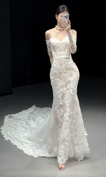 Off-the-shoulder Mermaid Train Wedding Dresses Lace Applique Bridal Gowns Long Sleeve White Bridal Dresses HZ1024