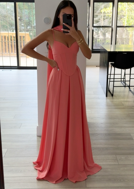 Spaghetti Strap A-Line Long Prom Dresses, Chiffon Dark Peach Wedding Guest Dresses HZ1024