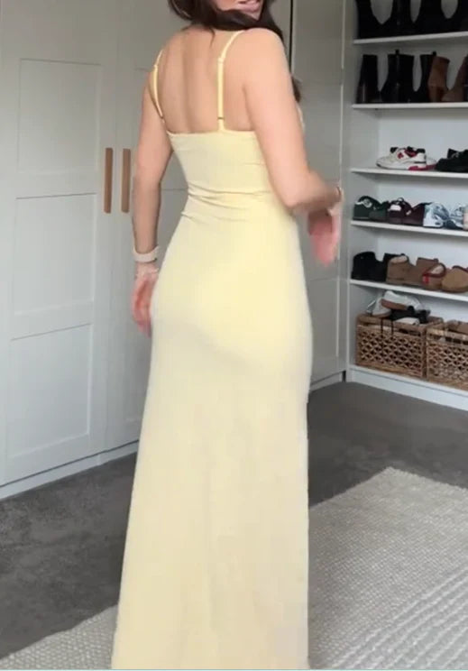 Chic Sheath Long Prom Dresses, Chiffon Butter Yellow Formal Dresses, Spaghetti Straps Birtdhay Dresses ED04710